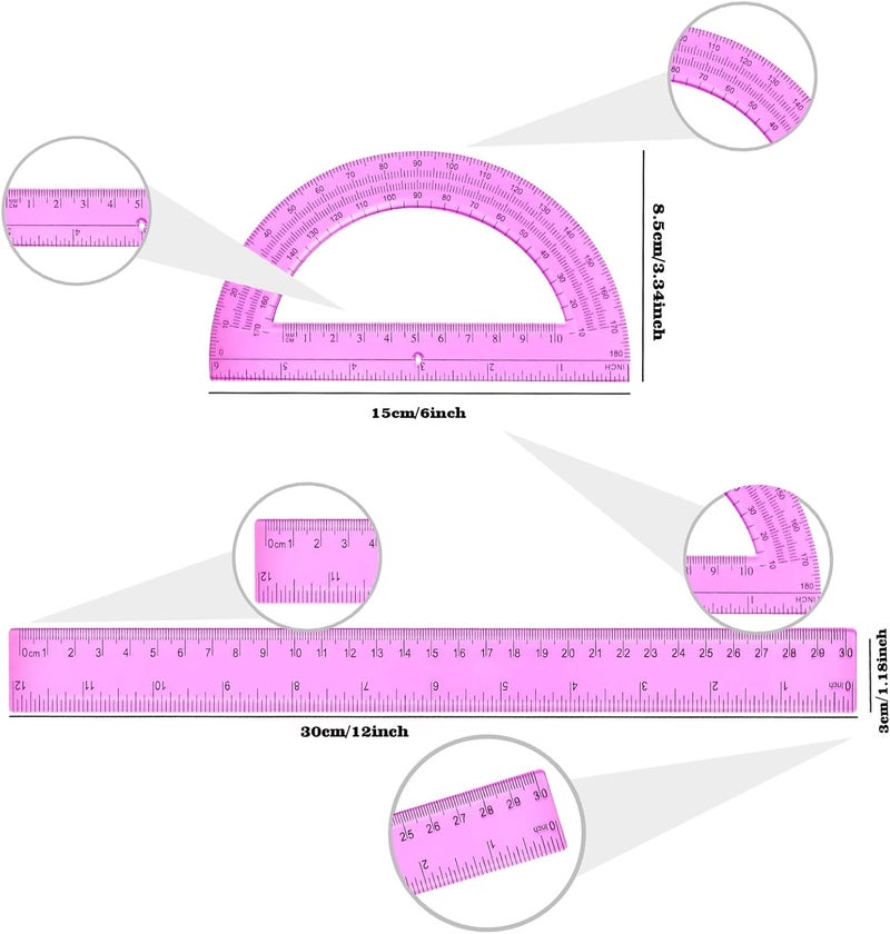 Tdfronien 2 Packs 12 Inch Plastic Ruler and 6 Inch Plastic Protractor Set Clear Math Geometry Set Classroom Set Angle Detector School Supplies Classroom Ruler Home Office Drawings (Pink) - Image 2